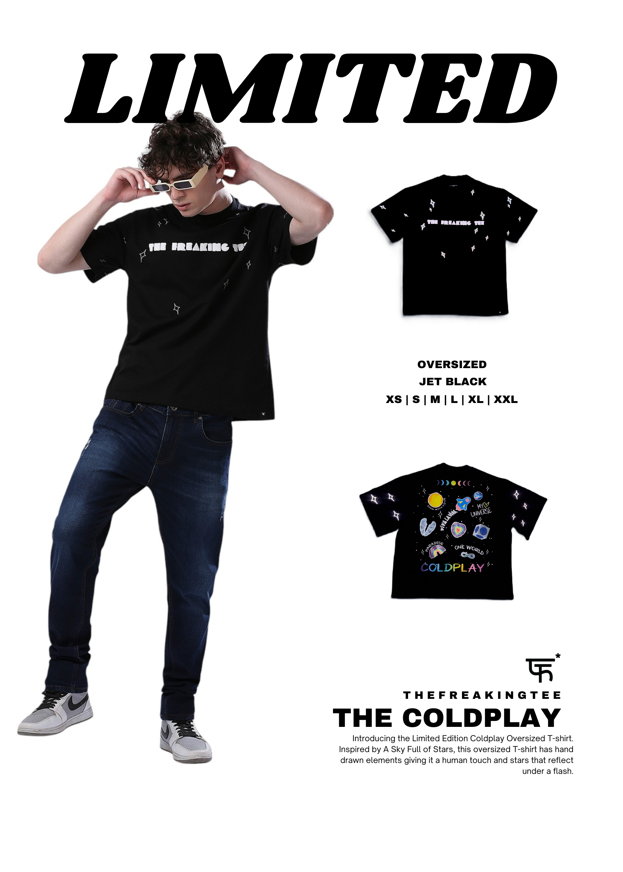 Limited Edition Coldplay Black oversized T-Shirt with white reflective stars for concert