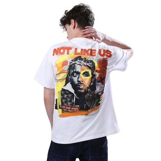 White oversized T-shirt by The Freaking Tee, inspired by Kendrick Lamar's 'They Not Like Us' song, featuring premium cotton fabric, bold streetwear style, and comfortable fit for unique, confident individuals. Perfect for fans of hip-hop and urban culture. TFT